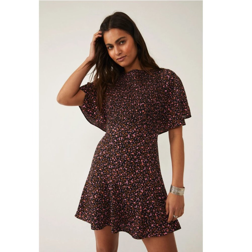 NEW Free People Florence Mini Dress Floral Lace Up Smocked Evening Combo Black - Picture 4 of 12